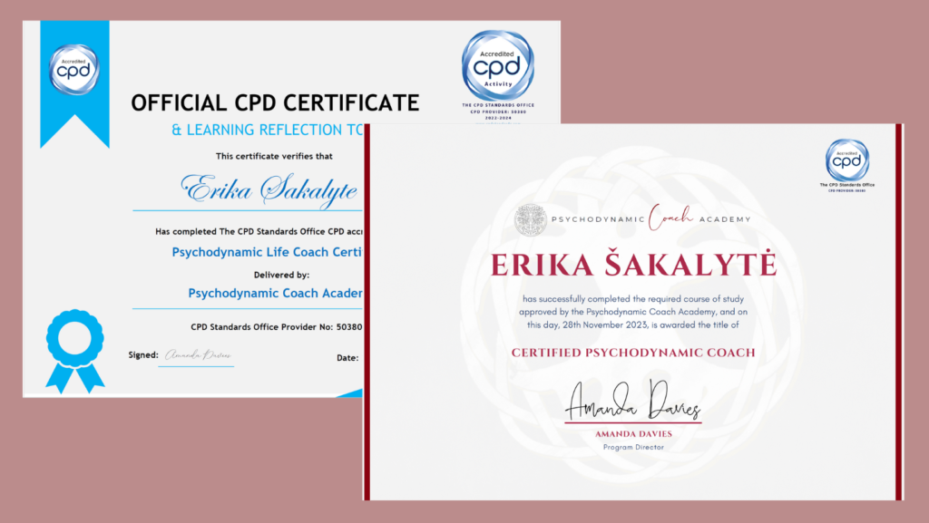 Erika diplomas Psychodynamic life Coach